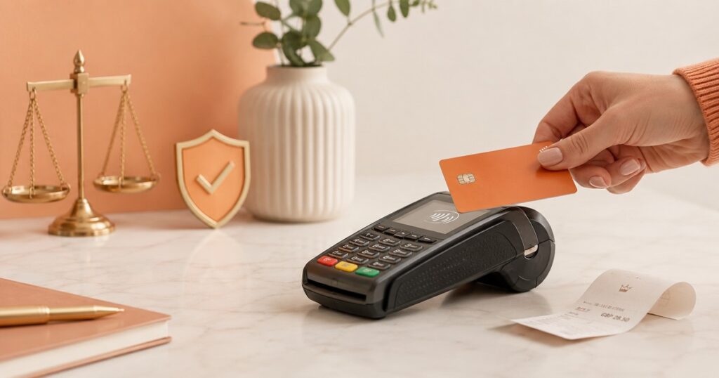 Contactless card payment machine with legal and compliance symbols for UK card fee rules