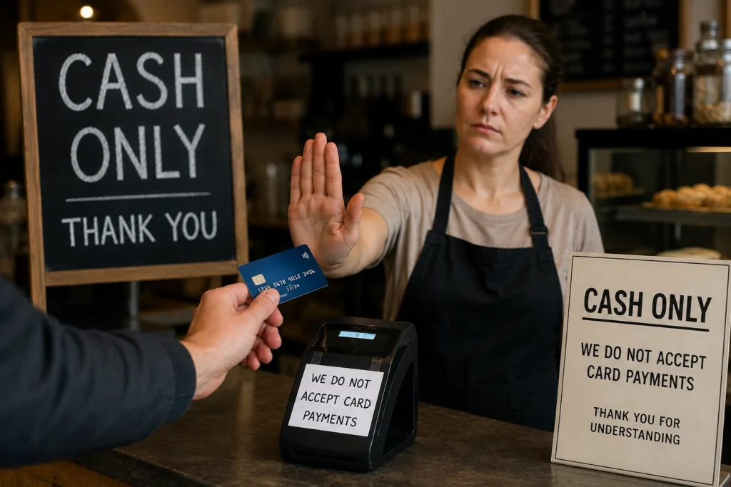 Small business owner turning away a card payment at the counter