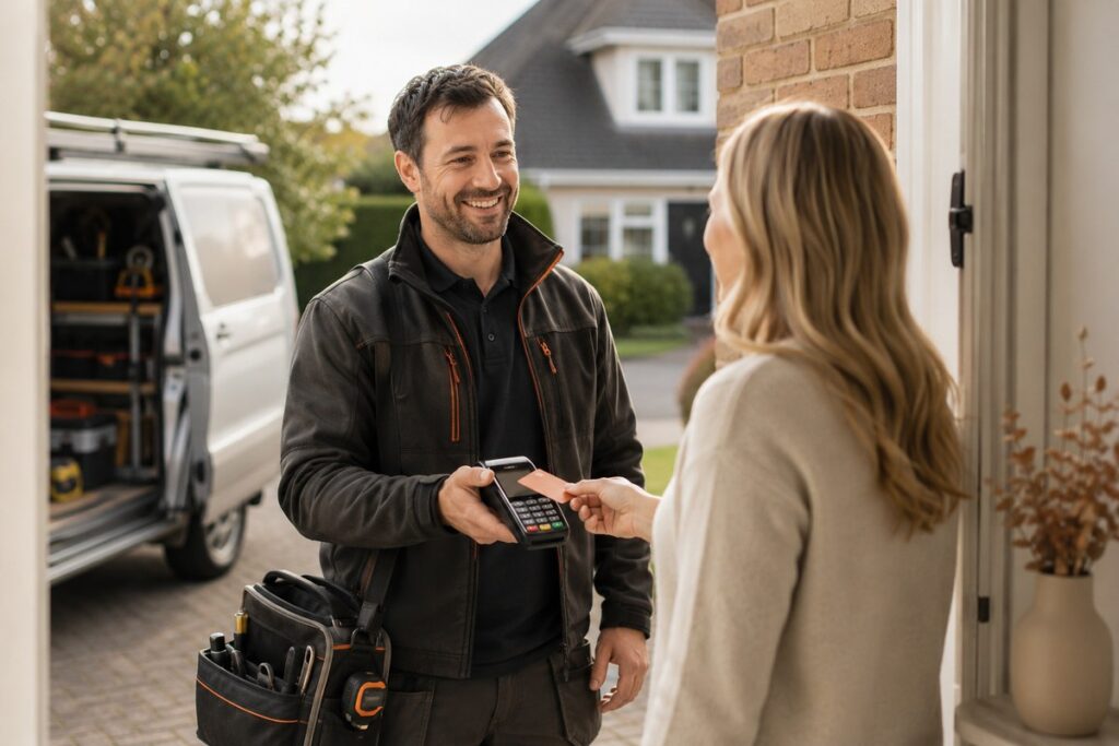Tradesperson accepting a contactless card payment from a customer at their home