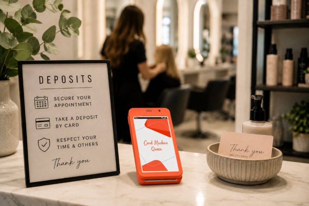 Modern salon reception with an orange card machine used to take appointment deposits