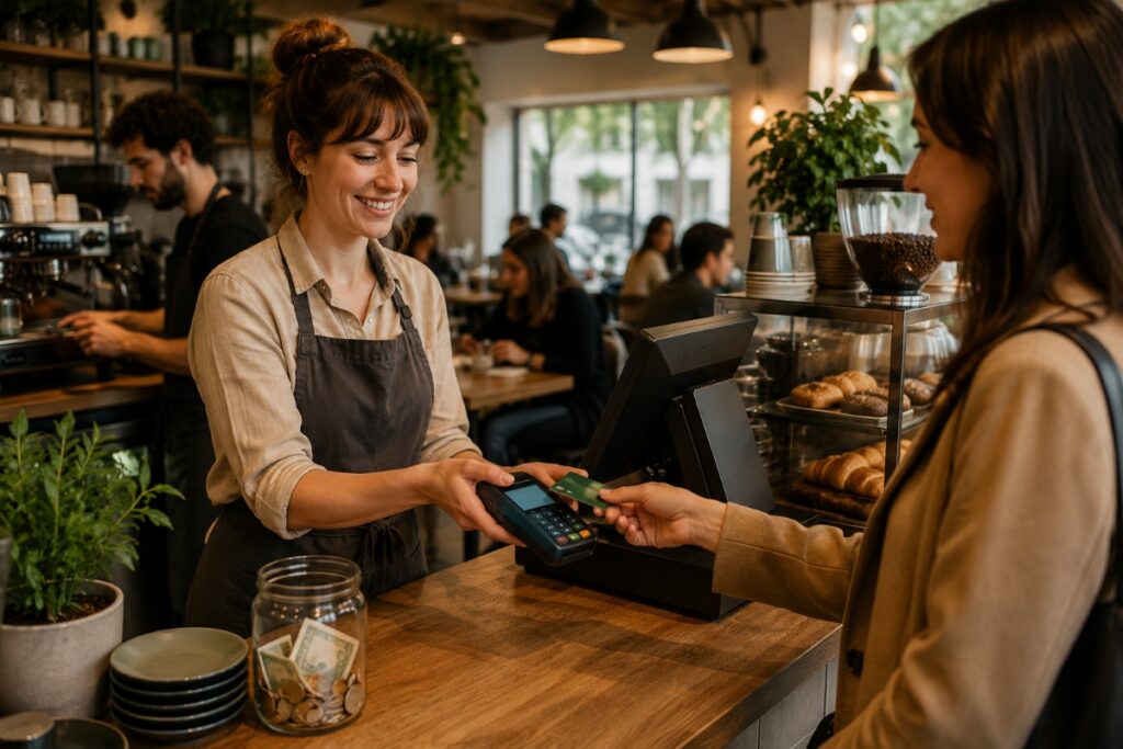 Café owner taking a contactless payment using a portable card machine