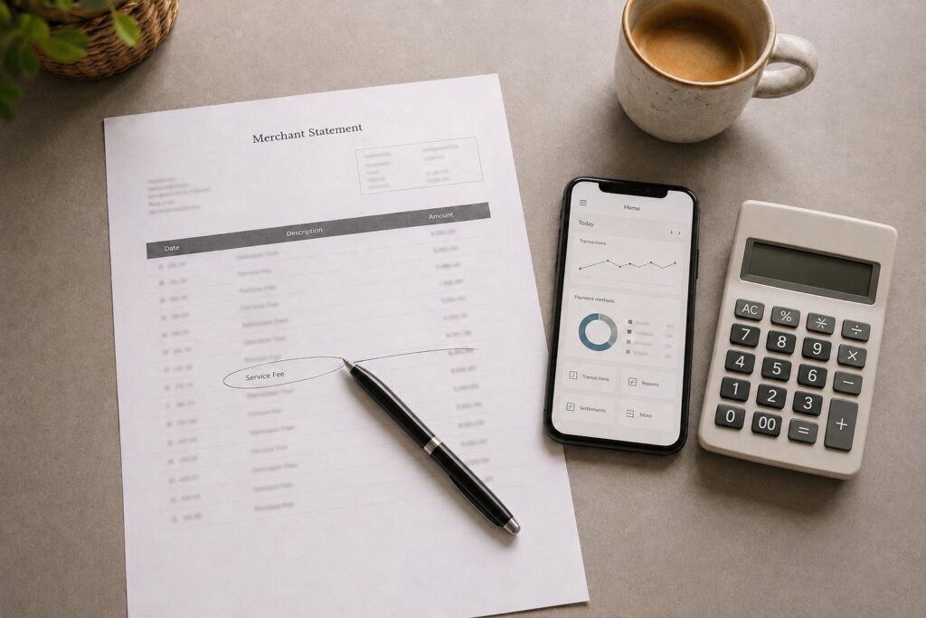 Card machine statement on a desk with a pen, showing merchant fees being reviewed by a small business owner