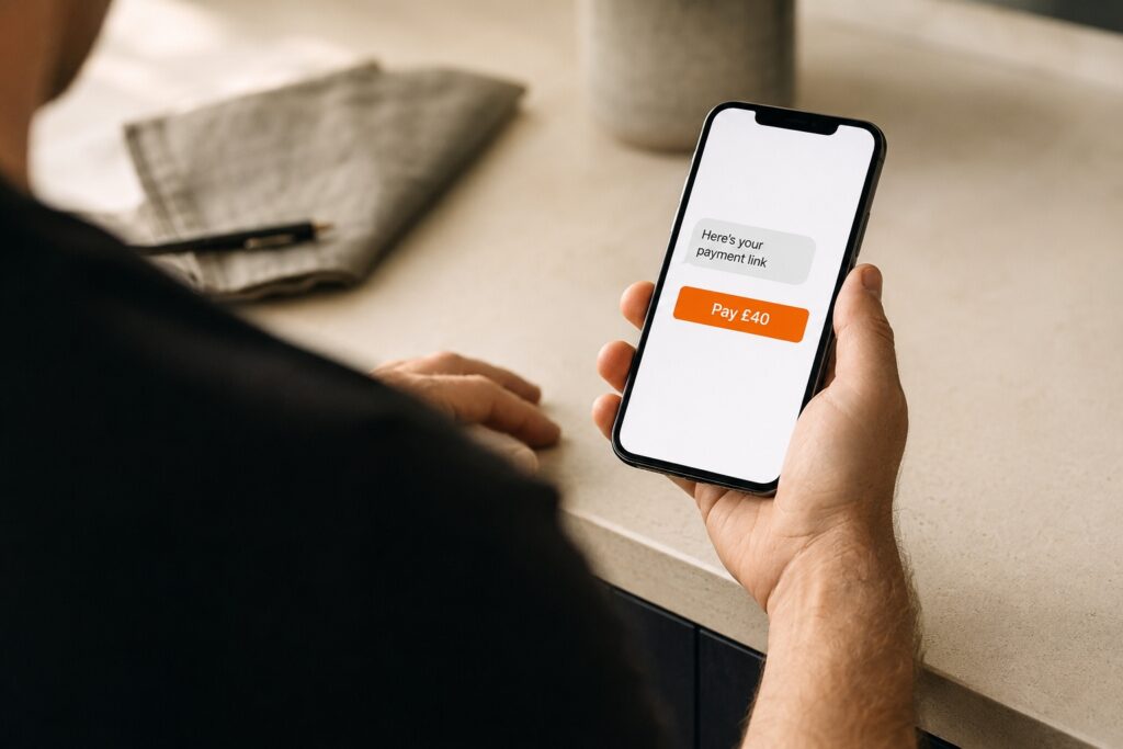 Small business owner taking a card payment with a payment link instead of a card machine
